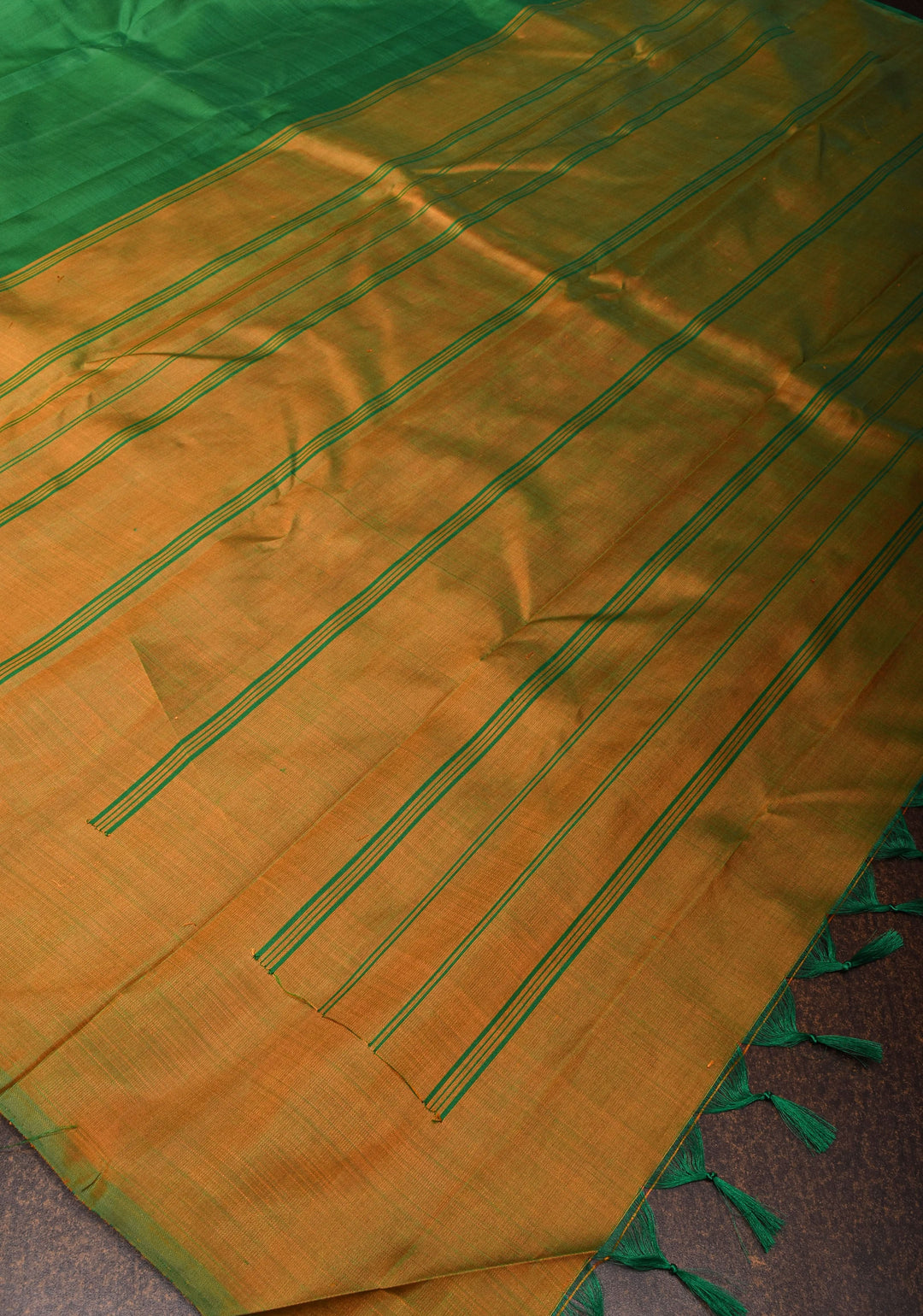 Green Pure Kanjivaram Silk Saree with Musterd Yellow Zariless Rising temple border | SILK MARK CERTIFIED