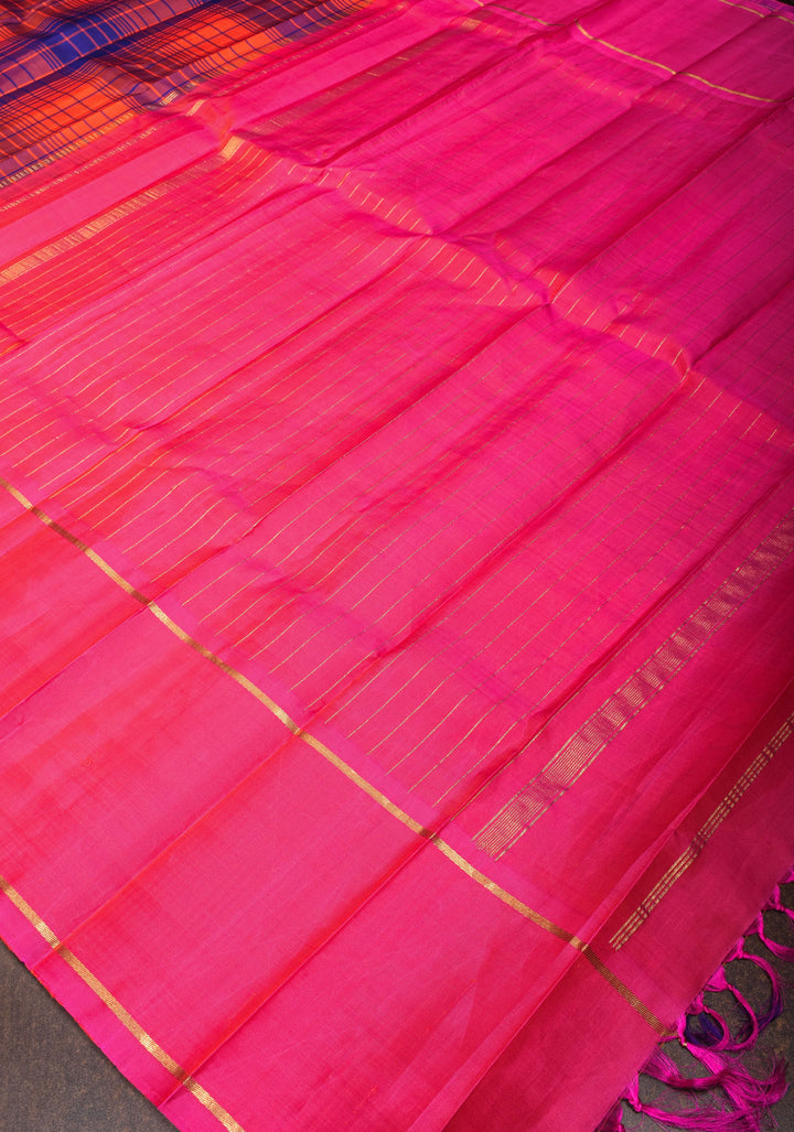 Orange Multicolor Checks Pure Kanjivaram Silk Saree | SILK MARK CERTIFIED