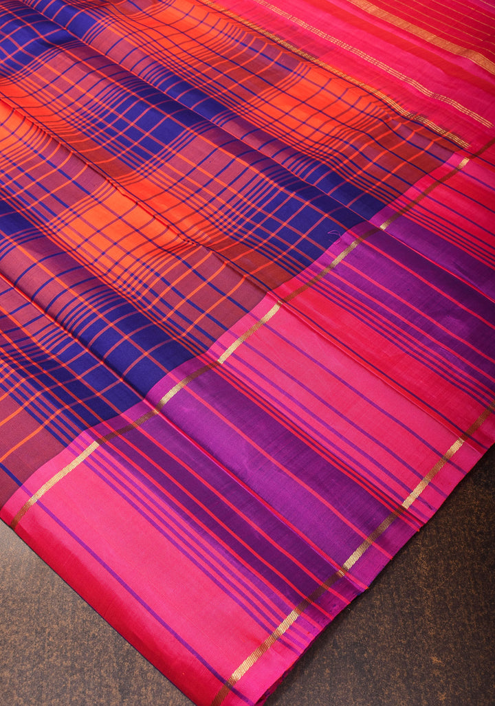 Orange Multicolor Checks Pure Kanjivaram Silk Saree | SILK MARK CERTIFIED