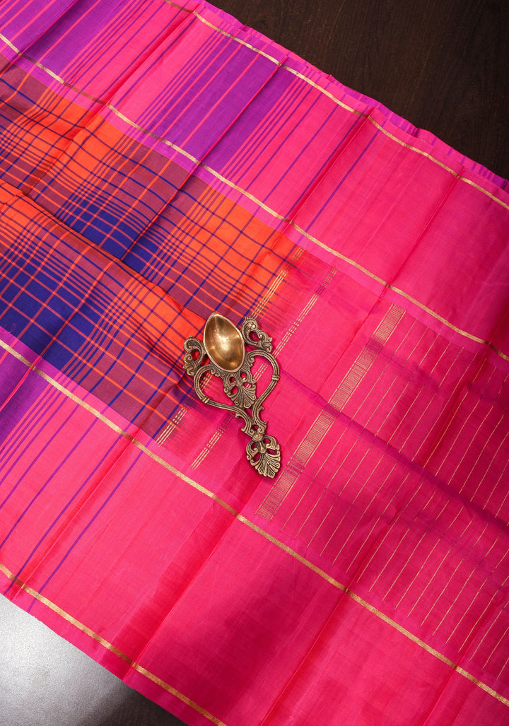 Orange Multicolor Checks Pure Kanjivaram Silk Saree | SILK MARK CERTIFIED