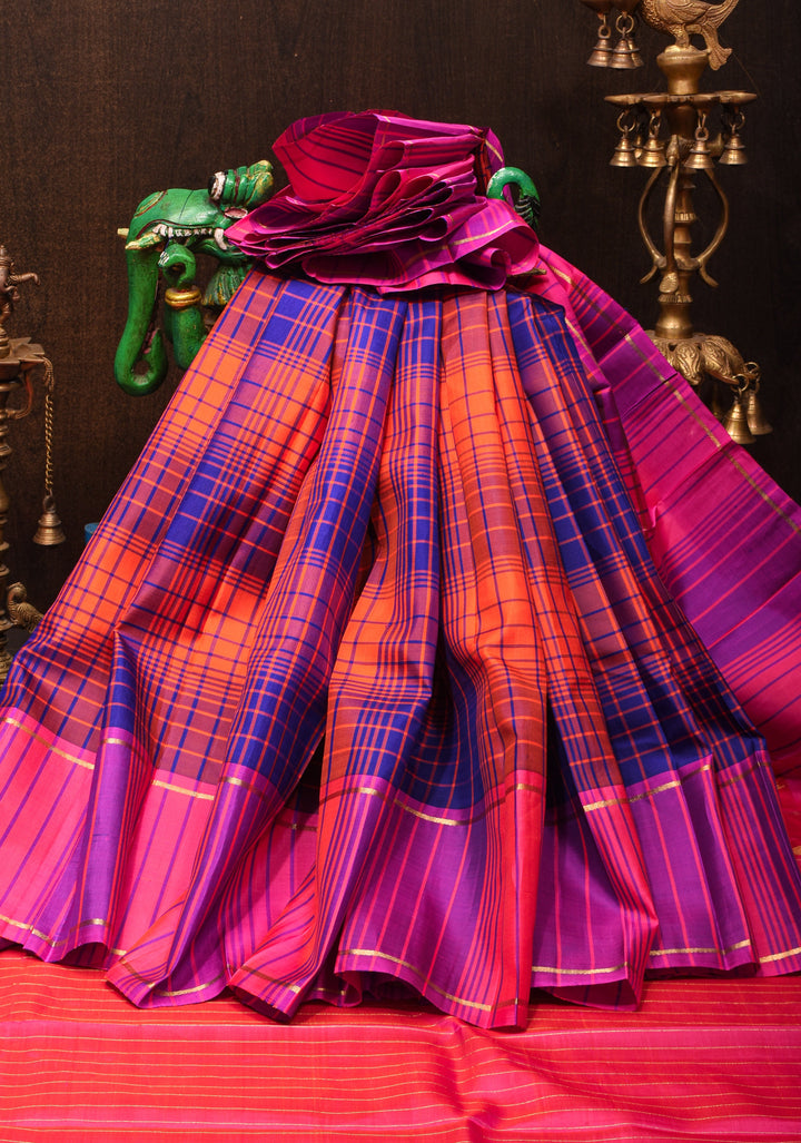 Orange Multicolor Checks Pure Kanjivaram Silk Saree | SILK MARK CERTIFIED