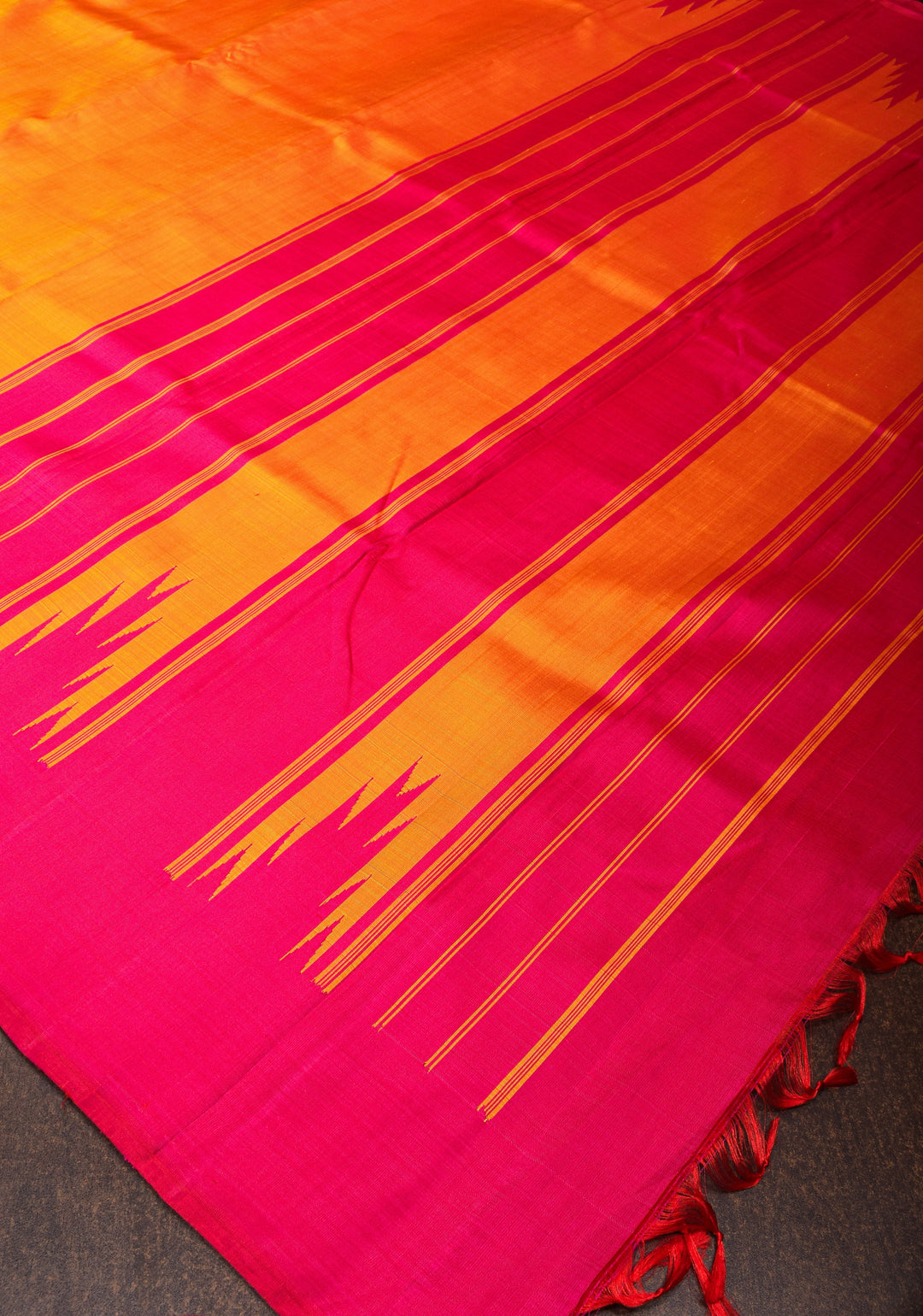 Orange pure Kanjivaram Silk Saree with Zariless Pink Temple Border | SILK MARK CERTIFIED