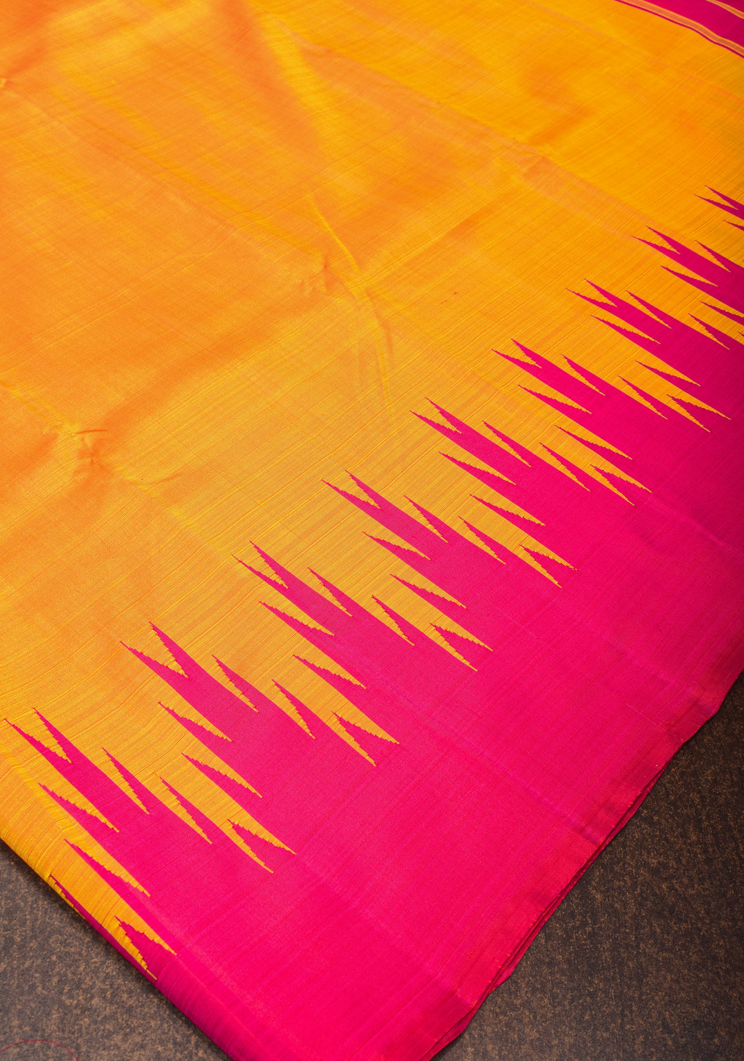 Orange pure Kanjivaram Silk Saree with Zariless Pink Temple Border | SILK MARK CERTIFIED