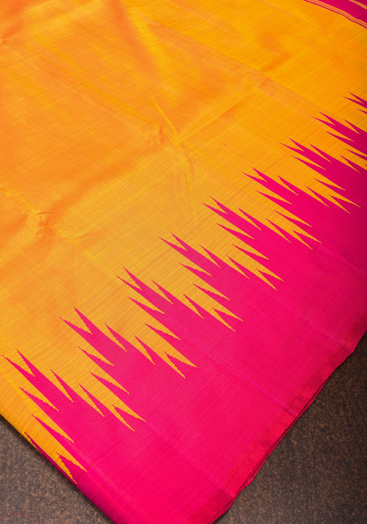 Orange pure Kanjivaram Silk Saree with Zariless Pink Temple Border | SILK MARK CERTIFIED