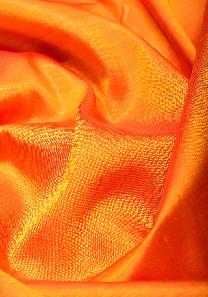 Orange pure Kanjivaram Silk Saree with Zariless Pink Temple Border | SILK MARK CERTIFIED