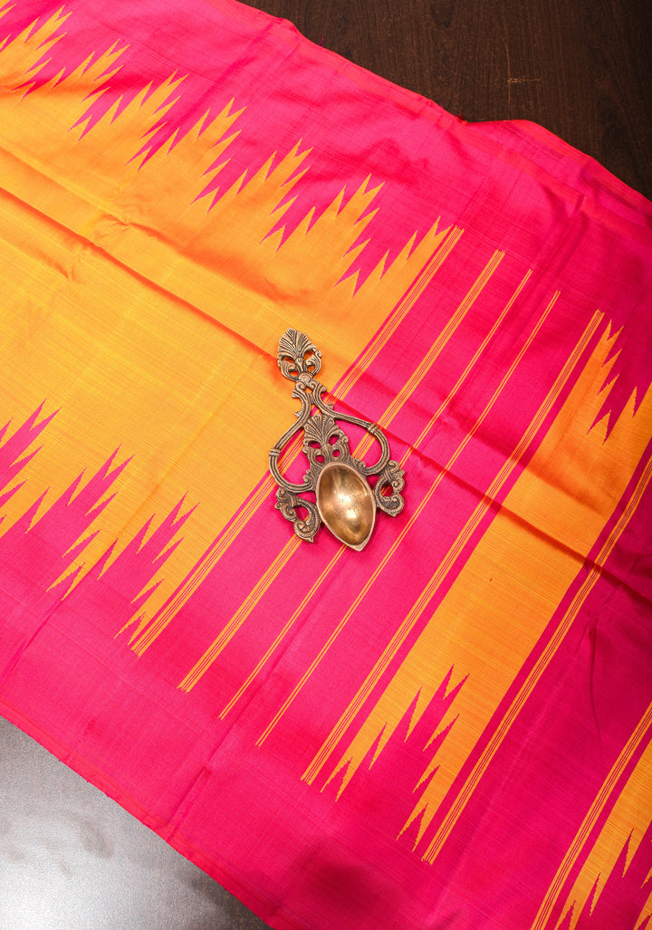 Orange pure Kanjivaram Silk Saree with Zariless Pink Temple Border | SILK MARK CERTIFIED