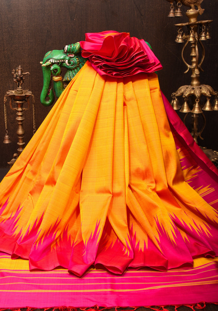 Orange pure Kanjivaram Silk Saree with Zariless Pink Temple Border | SILK MARK CERTIFIED