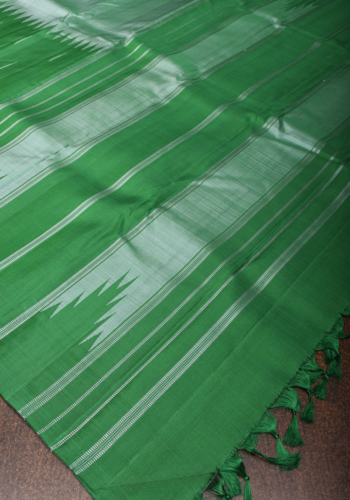 Dusty Blue Green pure Kanjivaram Silk Saree with Emerald half Border and jasmine bud motif| SILK MARK CERTIFIED