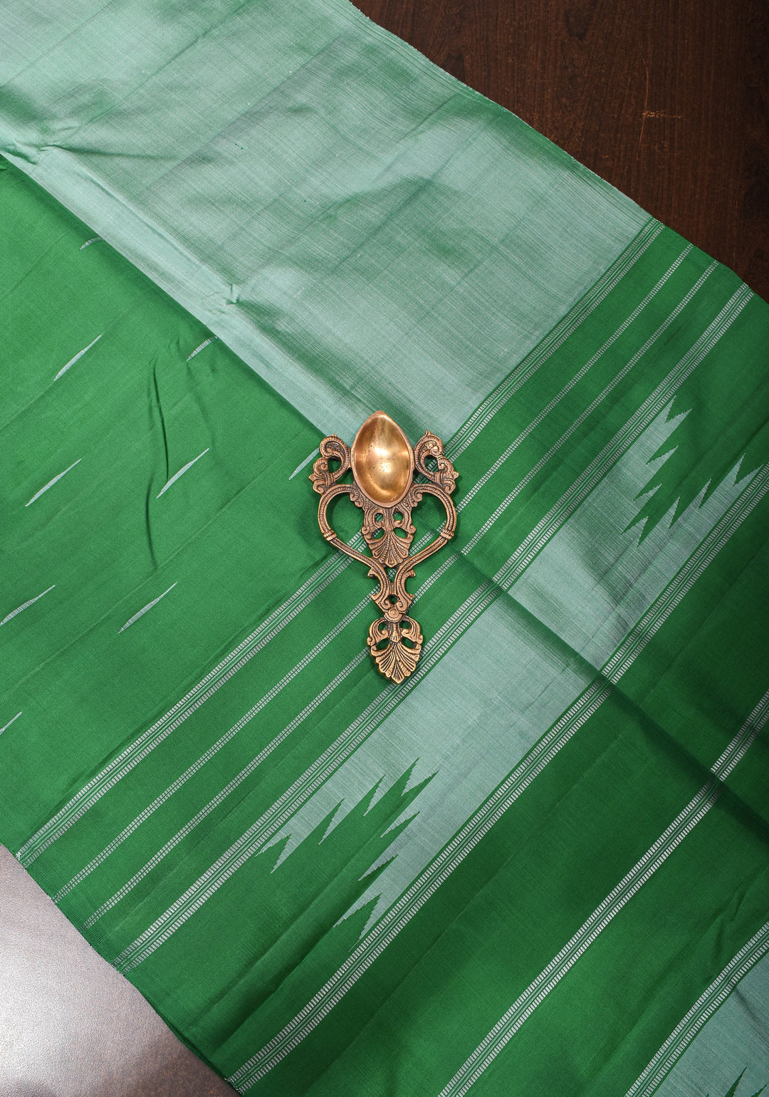 Dusty Blue Green pure Kanjivaram Silk Saree with Emerald half Border and jasmine bud motif| SILK MARK CERTIFIED