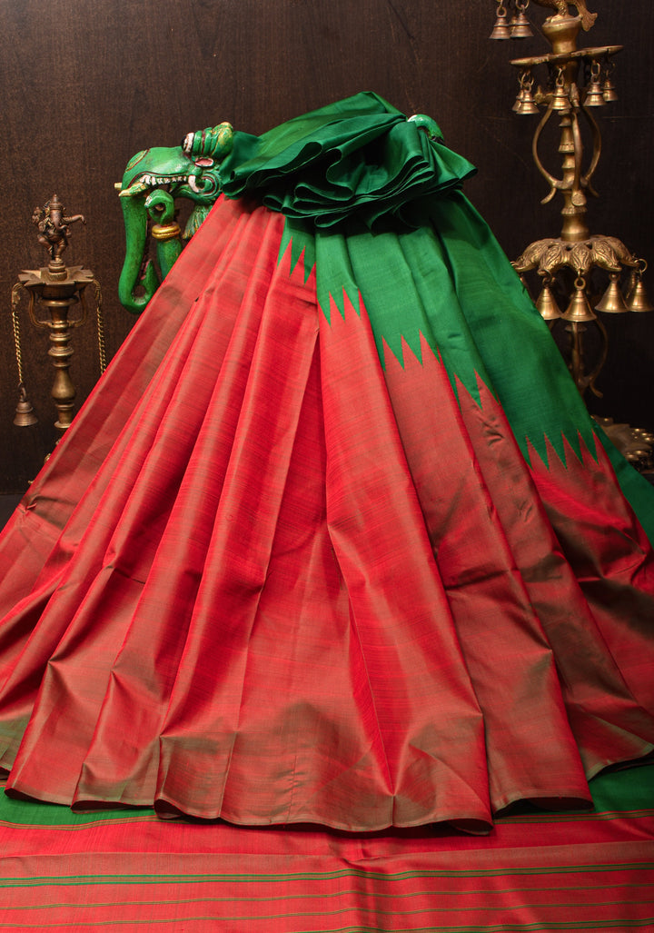 Red Dual Tone and Green 2 Side Rising Temple Border on Pure Kanjivaram Silk Saree | SILK MARK CERTIFIED