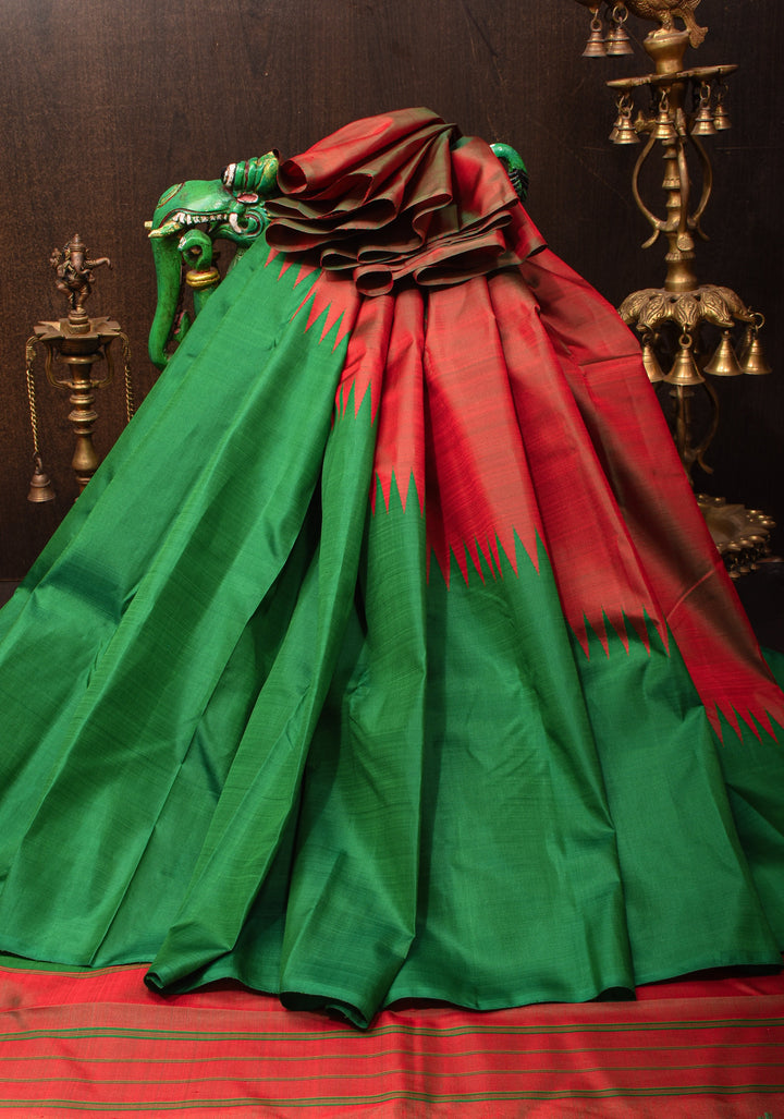 Red Dual Tone and Green 2 Side Rising Temple Border on Pure Kanjivaram Silk Saree | SILK MARK CERTIFIED