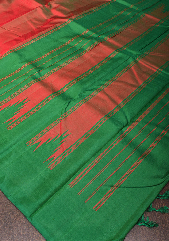Red Dual Tone and Green 2 Side Rising Temple Border on Pure Kanjivaram Silk Saree | SILK MARK CERTIFIED
