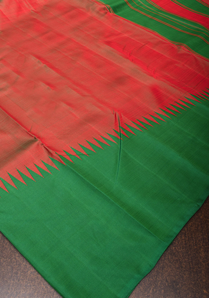 Red Dual Tone and Green 2 Side Rising Temple Border on Pure Kanjivaram Silk Saree | SILK MARK CERTIFIED