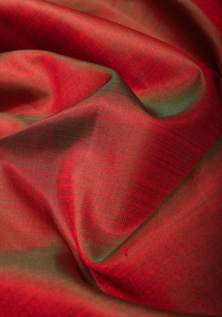 Red Dual Tone and Green 2 Side Rising Temple Border on Pure Kanjivaram Silk Saree | SILK MARK CERTIFIED