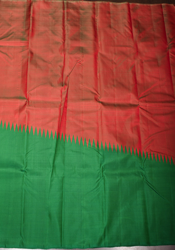 Red Dual Tone and Green 2 Side Rising Temple Border on Pure Kanjivaram Silk Saree | SILK MARK CERTIFIED