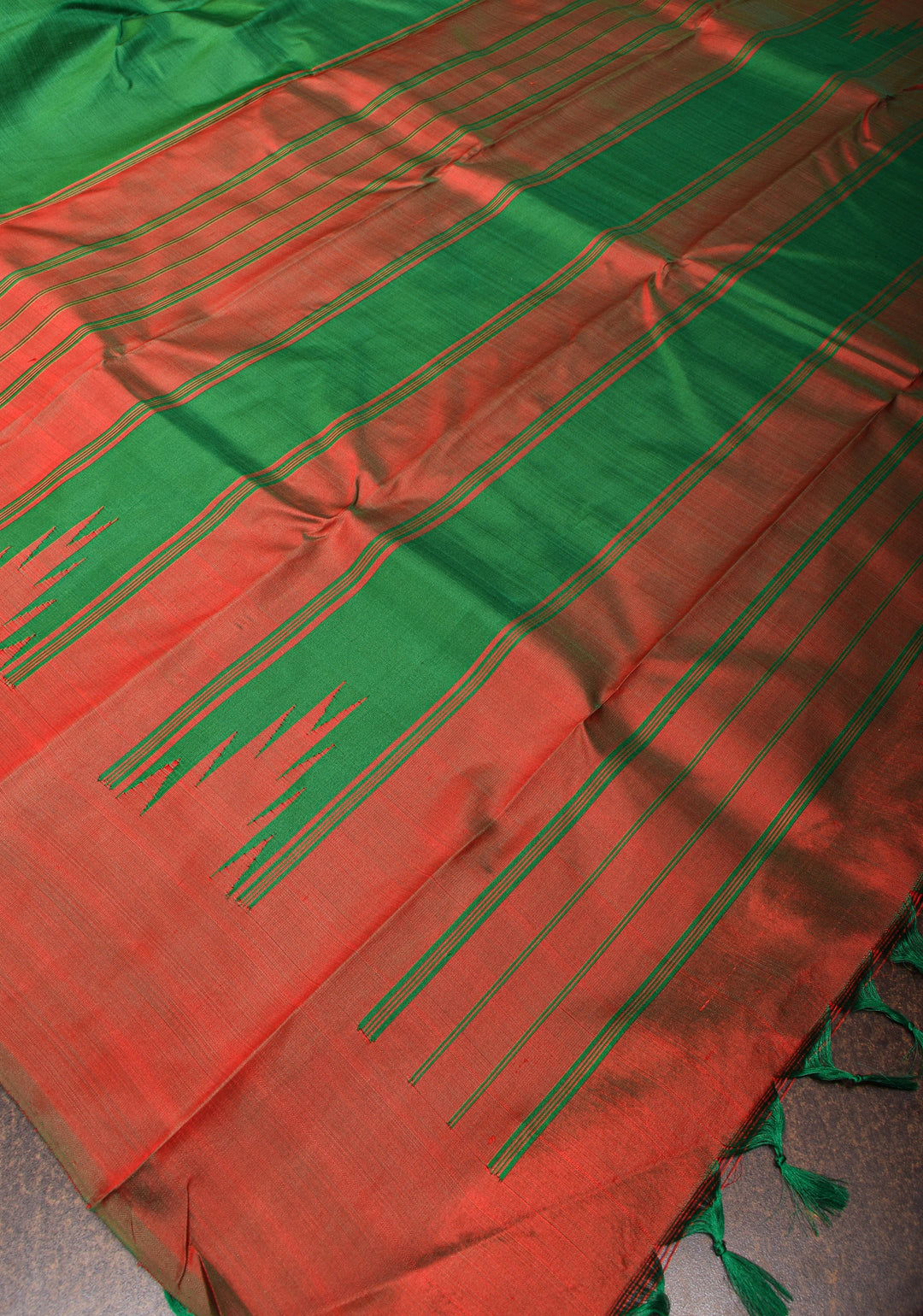 Red Dual Tone and Green 2 Side Rising Temple Border on Pure Kanjivaram Silk Saree | SILK MARK CERTIFIED