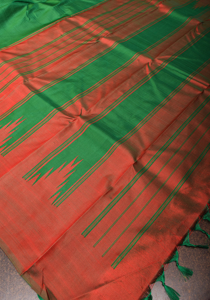 Red Dual Tone and Green 2 Side Rising Temple Border on Pure Kanjivaram Silk Saree | SILK MARK CERTIFIED