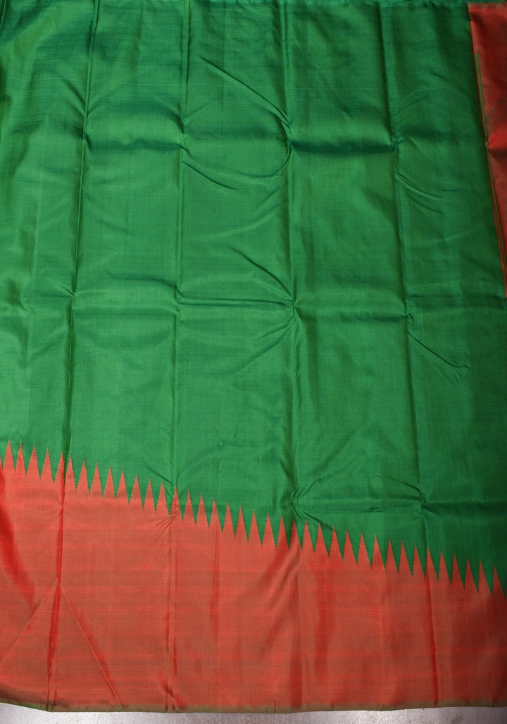Red Dual Tone and Green 2 Side Rising Temple Border on Pure Kanjivaram Silk Saree | SILK MARK CERTIFIED