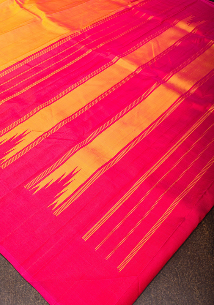 Orange Dual Tone pure Kanjivaram Silk Saree with Zari less Temple Border | SILK MARK CERTIFIED
