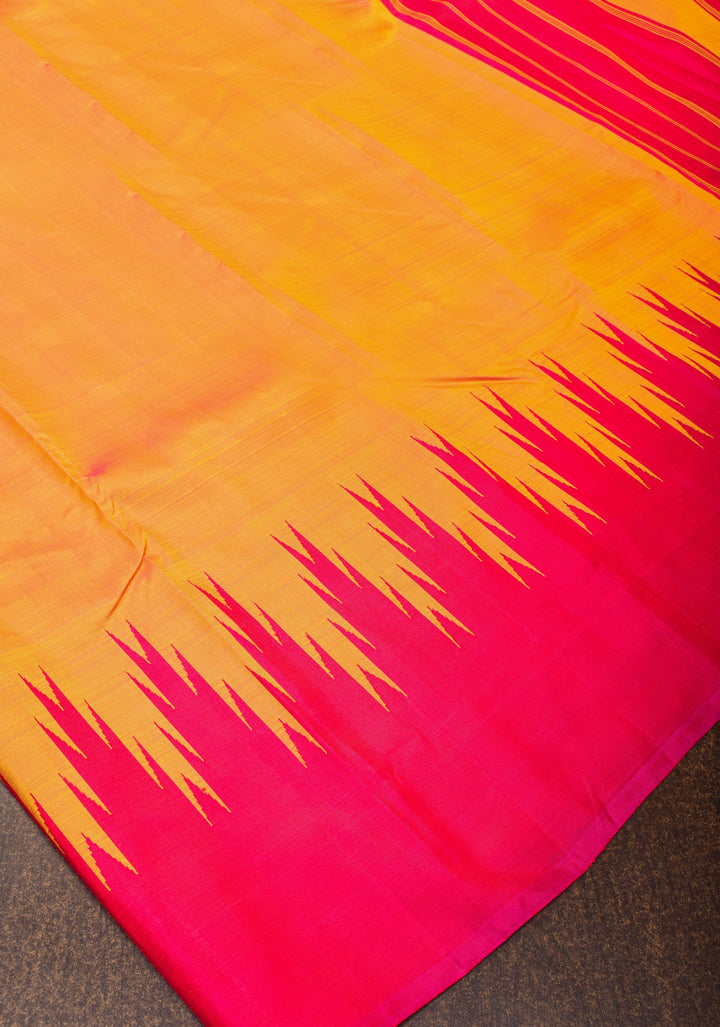 Orange Dual Tone pure Kanjivaram Silk Saree with Zari less Temple Border | SILK MARK CERTIFIED
