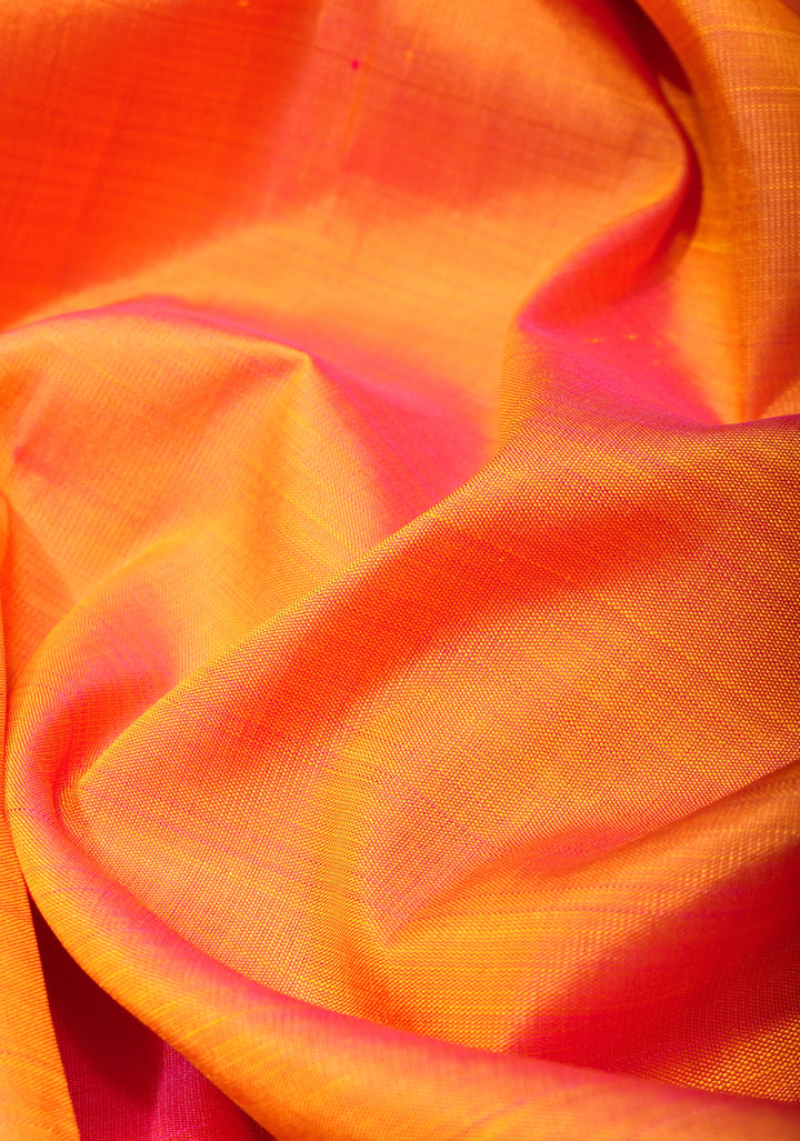 Orange Dual Tone pure Kanjivaram Silk Saree with Zari less Temple Border | SILK MARK CERTIFIED