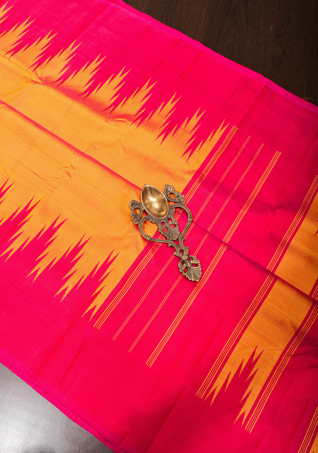 Orange Dual Tone pure Kanjivaram Silk Saree with Zari less Temple Border | SILK MARK CERTIFIED