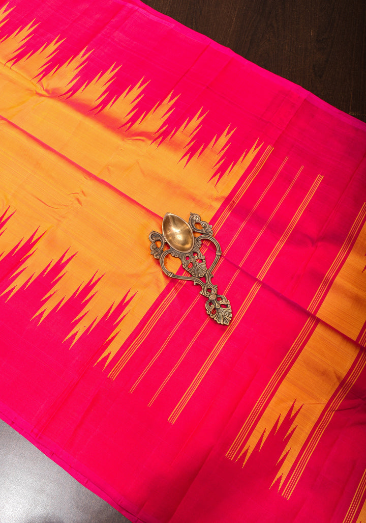 Orange Dual Tone pure Kanjivaram Silk Saree with Zari less Temple Border | SILK MARK CERTIFIED