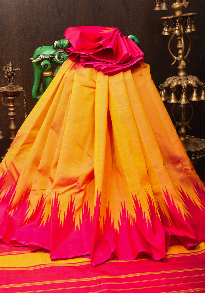 Orange Dual Tone pure Kanjivaram Silk Saree with Zari less Temple Border | SILK MARK CERTIFIED