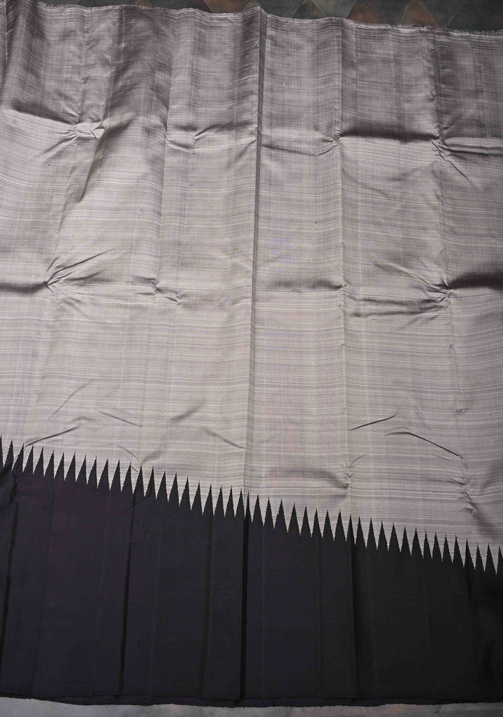 Gray and Black 2 side Rising temple border on Pure Kanjivaram Silk Saree | SILK MARK CERTIFIED