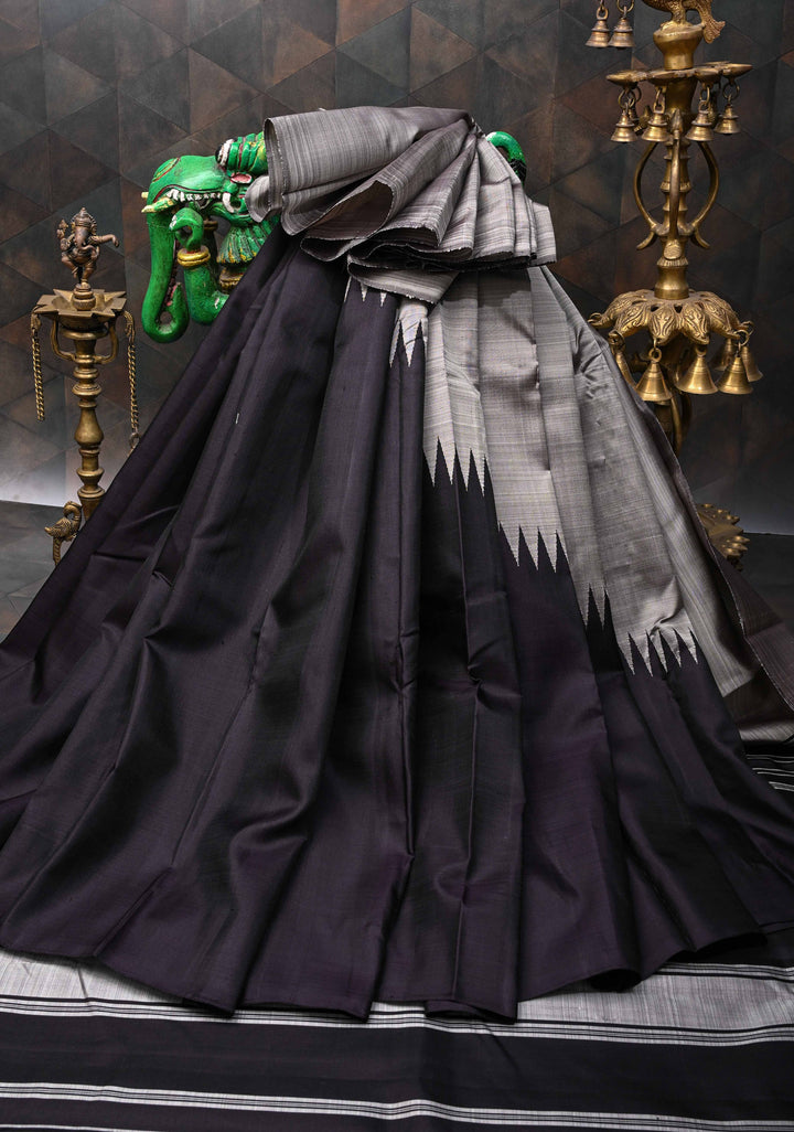 Gray and Black 2 side Rising temple border on Pure Kanjivaram Silk Saree | SILK MARK CERTIFIED