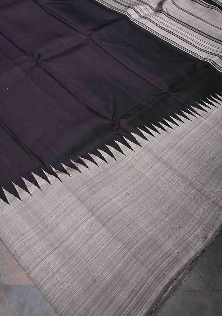 Gray and Black 2 side Rising temple border on Pure Kanjivaram Silk Saree | SILK MARK CERTIFIED