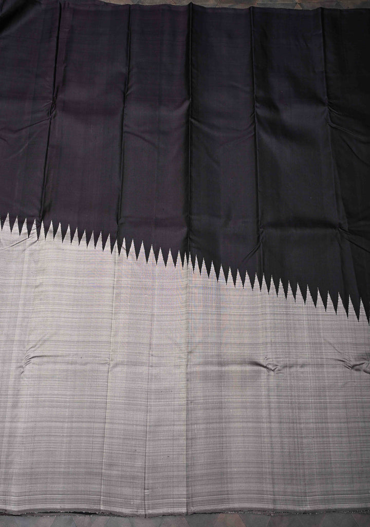 Gray and Black 2 side Rising temple border on Pure Kanjivaram Silk Saree | SILK MARK CERTIFIED