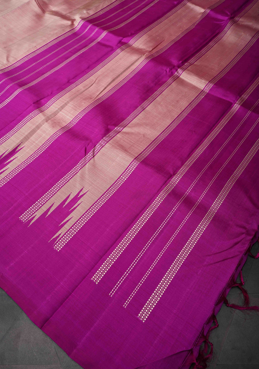 Pinkish Tan Pure Kanjivaram Silk Saree with Magenta Zariless Temple Border | SILK MARK CERTIFIED