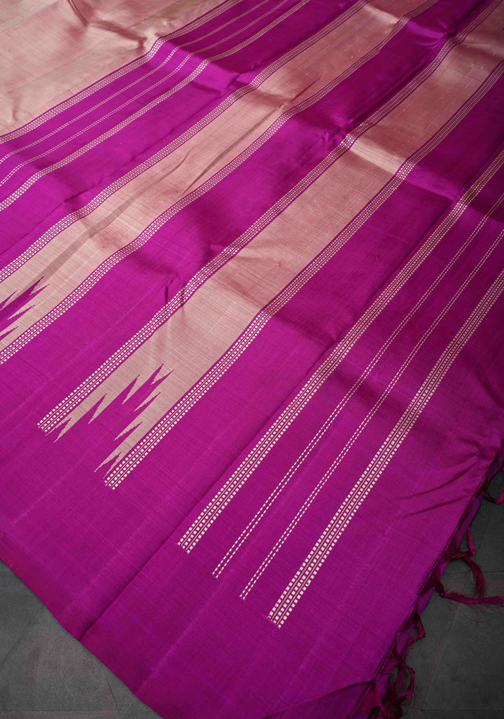 Pinkish Tan Pure Kanjivaram Silk Saree with Magenta Zariless Temple Border | SILK MARK CERTIFIED
