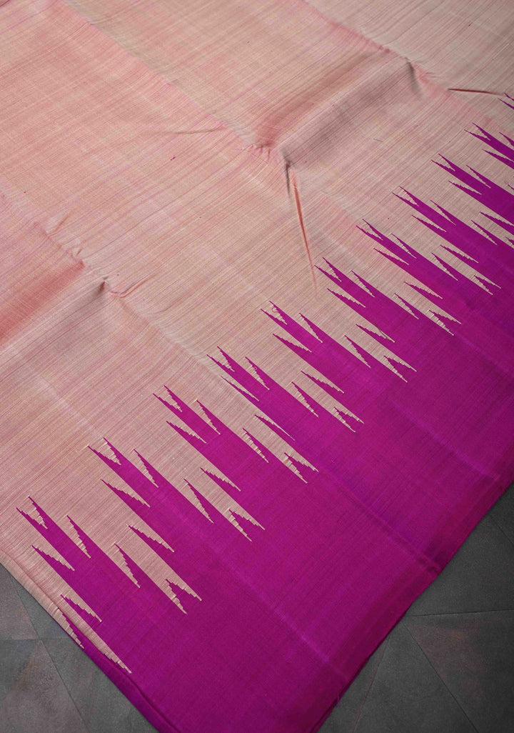 Pinkish Tan Pure Kanjivaram Silk Saree with Magenta Zariless Temple Border | SILK MARK CERTIFIED