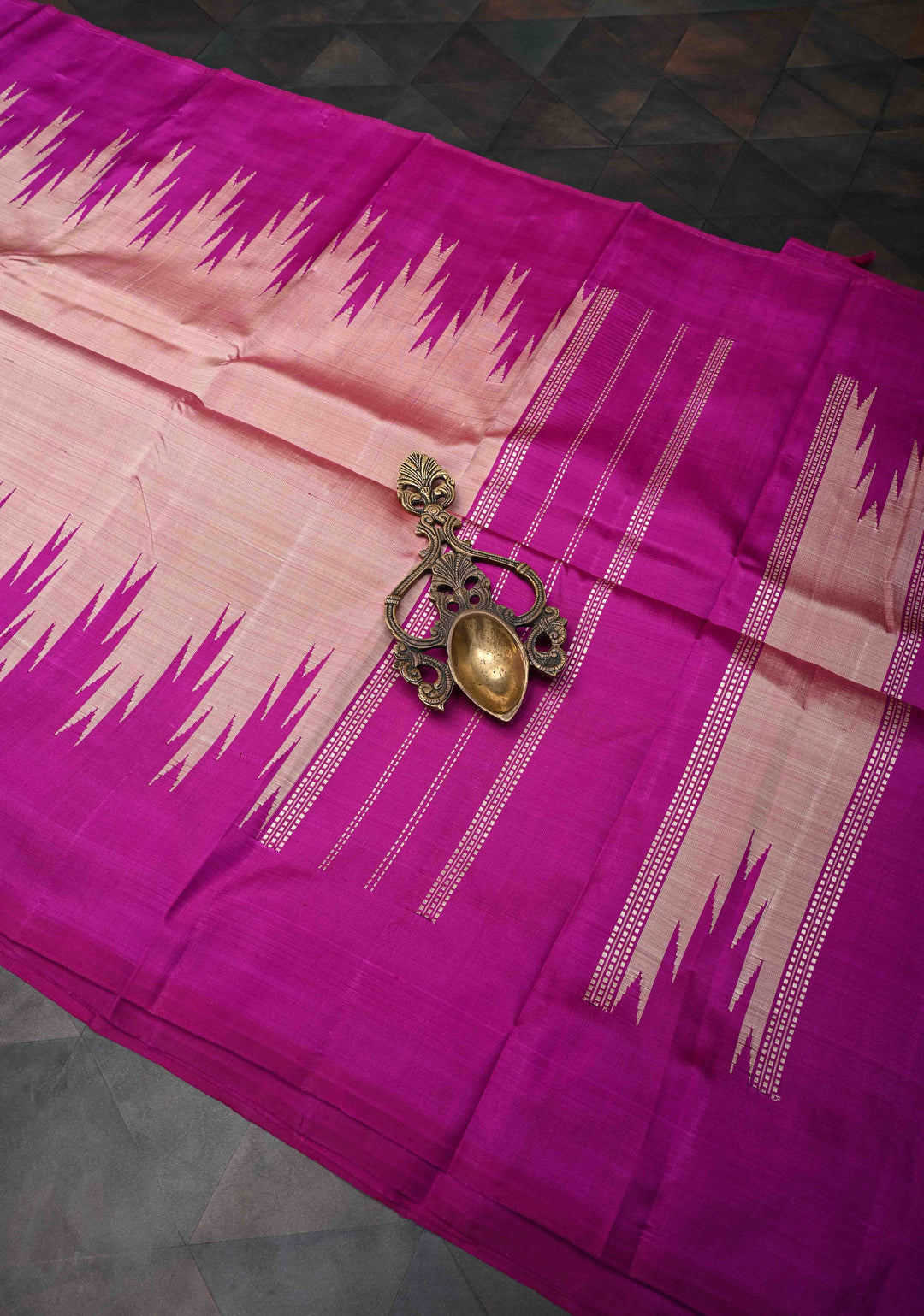 Pinkish Tan Pure Kanjivaram Silk Saree with Magenta Zariless Temple Border | SILK MARK CERTIFIED