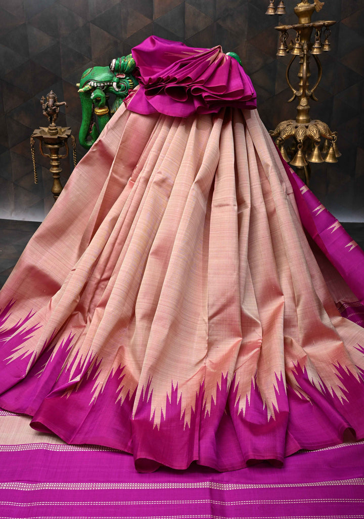 Pinkish Tan Pure Kanjivaram Silk Saree with Magenta Zariless Temple Border | SILK MARK CERTIFIED