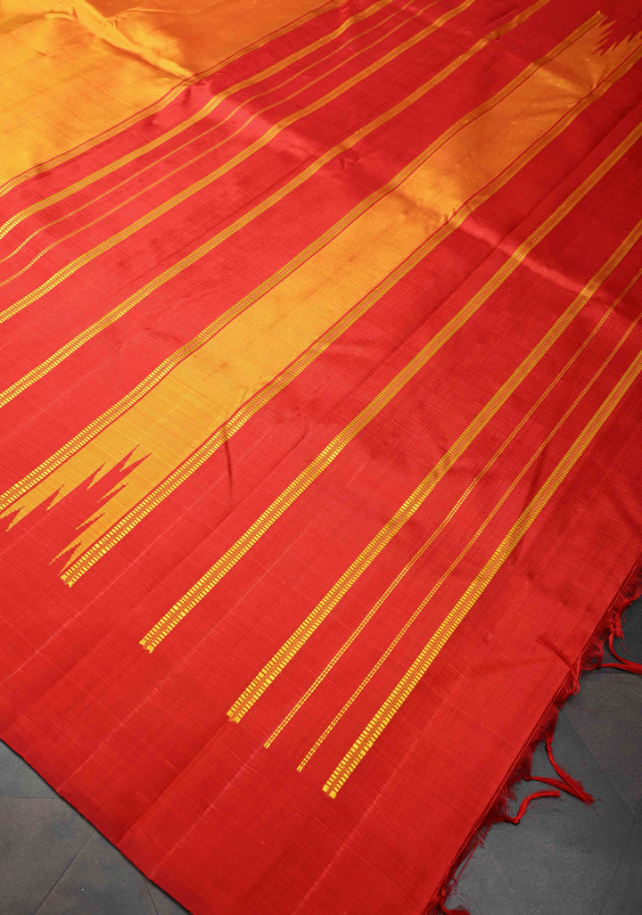 Orange Dual tone pure Kanjivaram Silk Saree with Zariless Temple Border | SILK MARK CERTIFIED