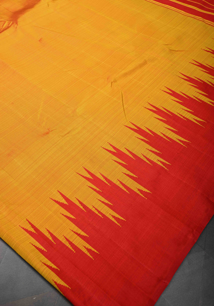 Orange Dual tone pure Kanjivaram Silk Saree with Zariless Temple Border | SILK MARK CERTIFIED