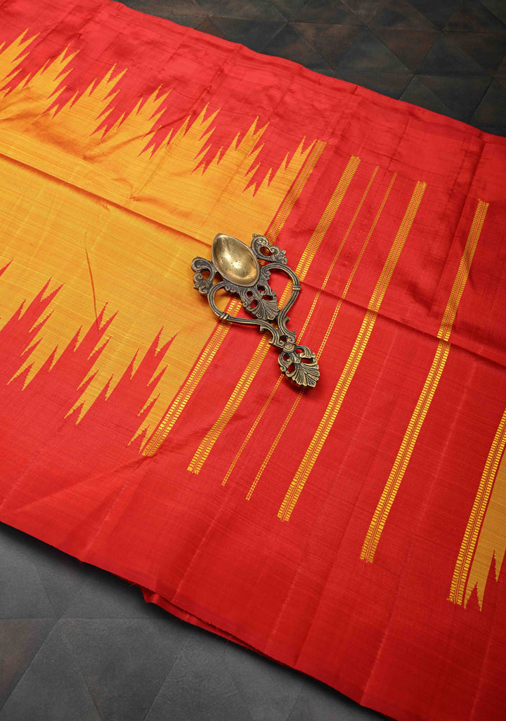 Orange Dual tone pure Kanjivaram Silk Saree with Zariless Temple Border | SILK MARK CERTIFIED