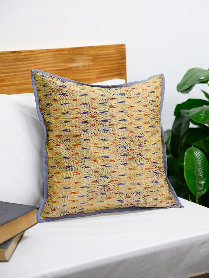 Grey Cream Kantha Silk Reversible Cushion Cover - Pack of 1 | SHOBITAM