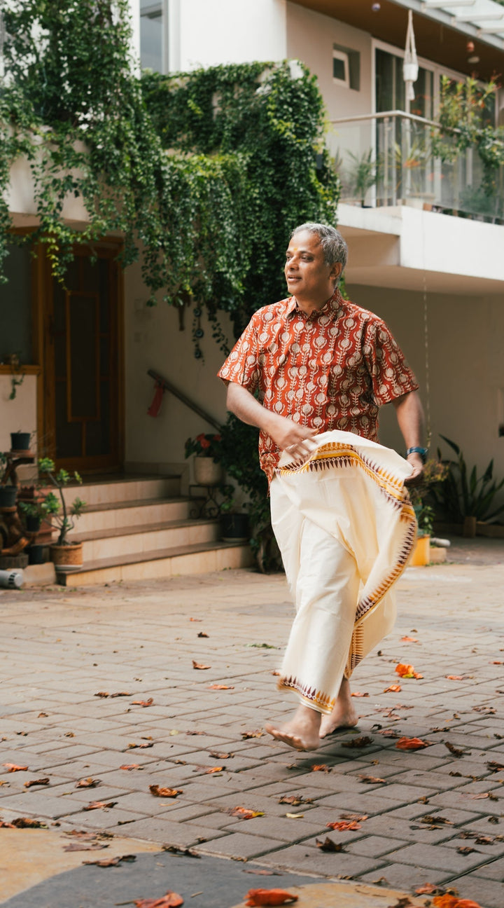 Onam Cotton Handblock Printed Mens Dhoti Taamara | SHOBITAM