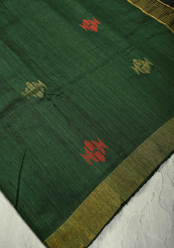 Green Gold Handloom Matka Silk Jamdani Saree with blouse Piece
