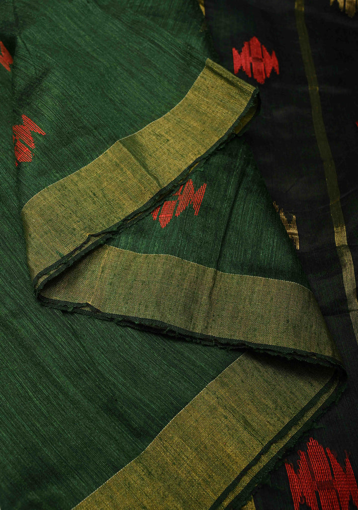 Green Gold Handloom Matka Silk Jamdani Saree with blouse Piece | Shobitam