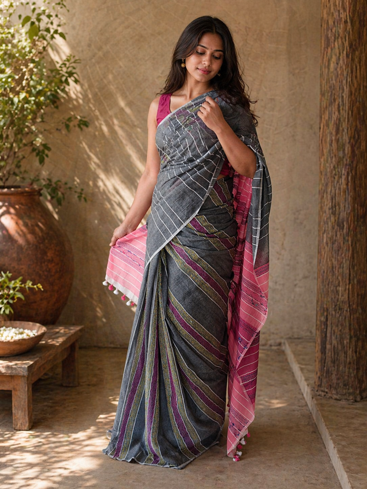 Grey Pink Striped Cotton Handloom Kantha Stitch Saree | SHOBITAM