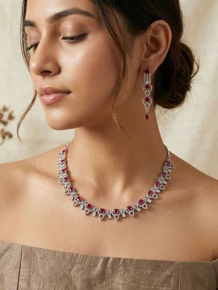 Premium Silver Plated American Diamond Necklace Set | shobitam
