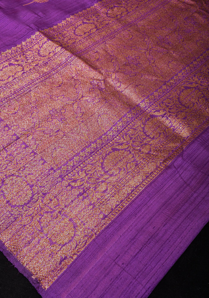 Raw Silk Banarasi Saree in Purple with antique tone Zari motifs and contrast Yellow Blouse PIece | SILK MARK CERTIFIED