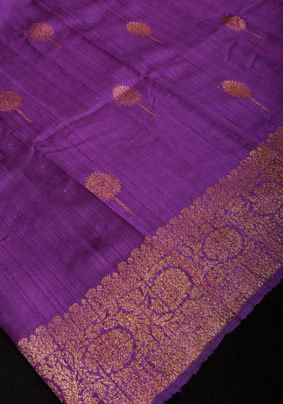 Raw Silk Banarasi Saree in Purple with antique tone Zari motifs and contrast Yellow Blouse PIece | SILK MARK CERTIFIED