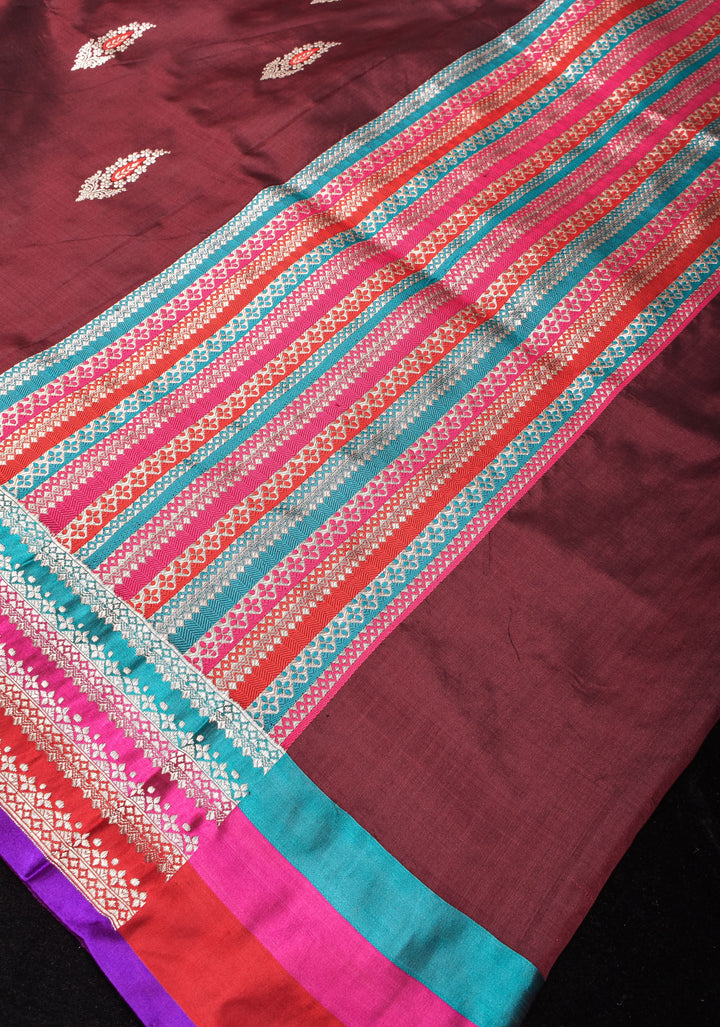 Multicolor Border Brown Pure Banarasi Katan Silk Saree with Meenakari Buttas | SILK MARK CERTIFIED