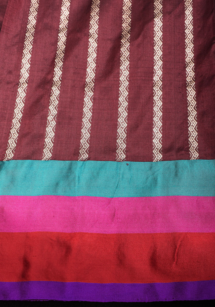 Multicolor Border Brown Pure Banarasi Katan Silk Saree with Meenakari Buttas | SILK MARK CERTIFIED